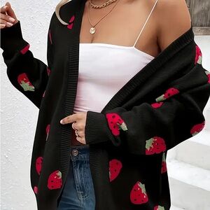 Black Strawberry Patterned Women's Sweater